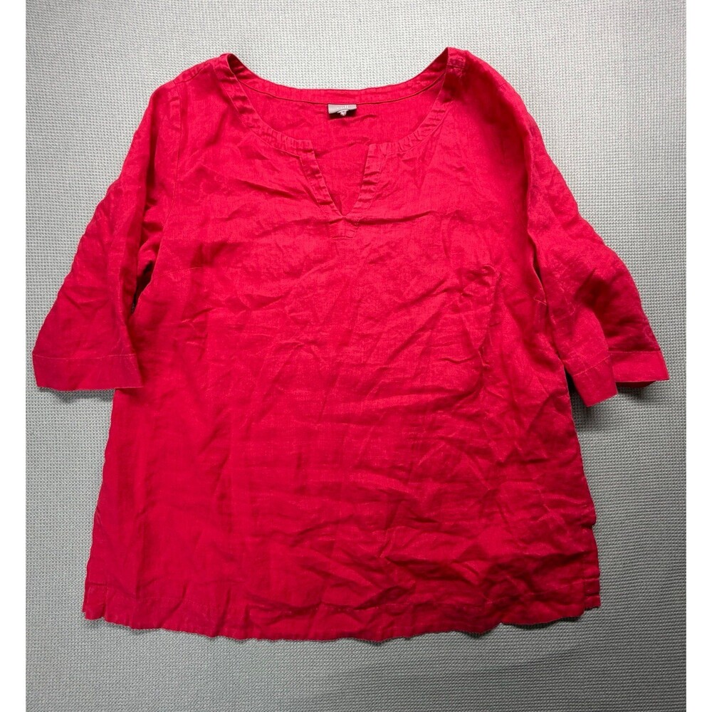 J Jill Women's Red 3/4 Sleeve V-Neck Linen Blend Blouse Top 100% Linen
